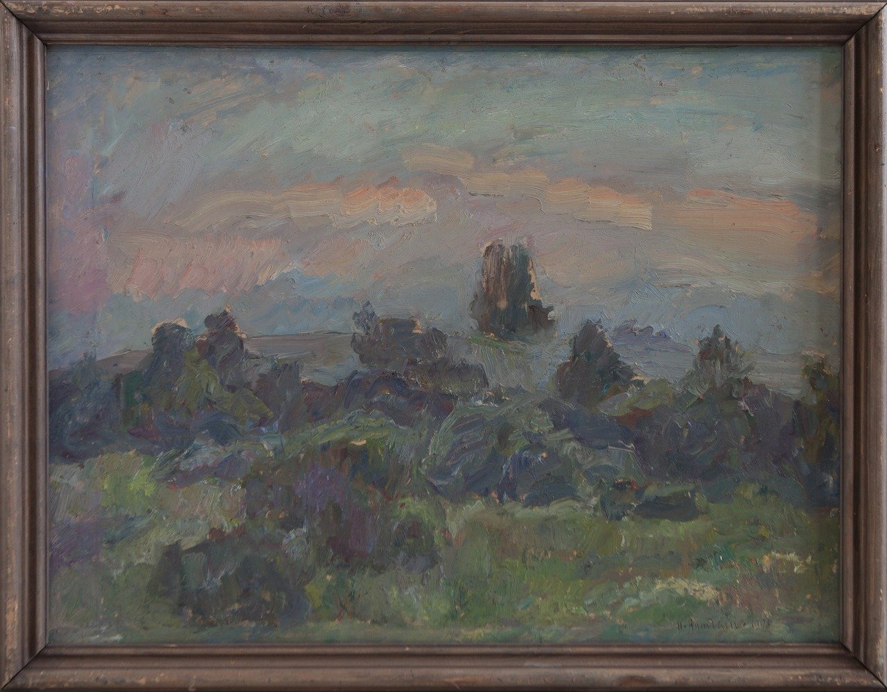 На рассвете (Михайловское). 1998г. Фанера, масло. 59,5х78,5