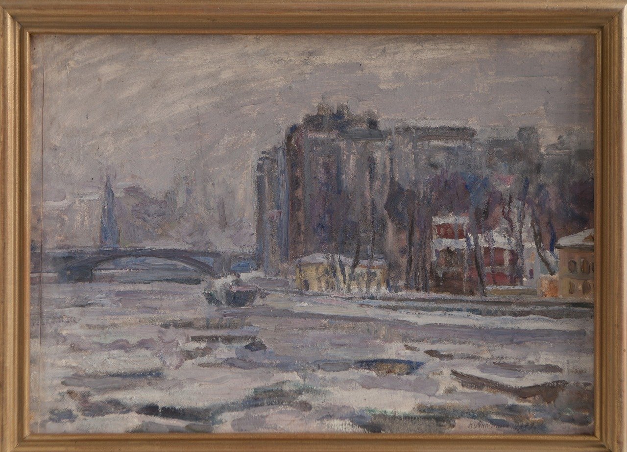 Дом на набережной. 1979г. Фанера, масло. 50х70