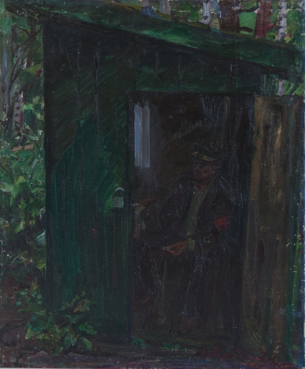 Человек в будке.Сторож В.Н. Алексеев в Михайловском. 1988г. Холст, масло. 83х69