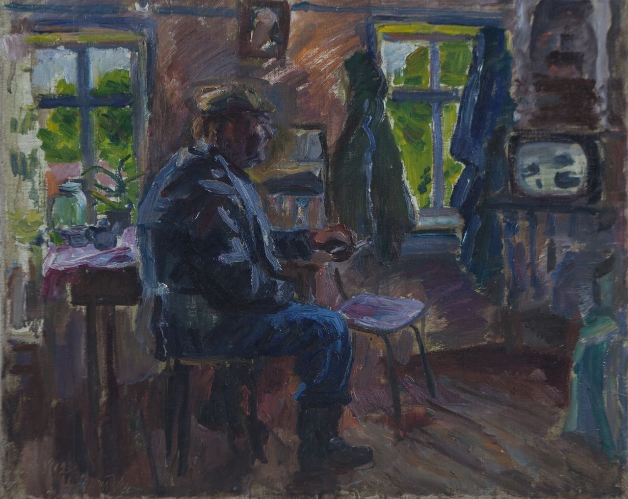 Михайловское.Валентин Николаевич Алексеев дома. 1993г. Холст, масло. 56х70