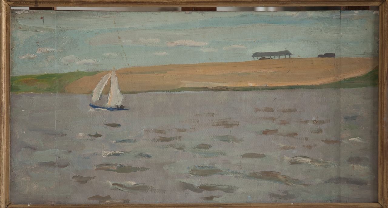 На Волге. 1972г. Фанера, масло. 33х62,5