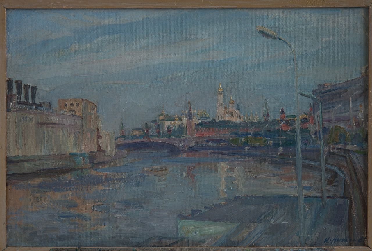 Утро на Москве-реке. Кремль. 1985г. Фанера, масло. 50х74,5