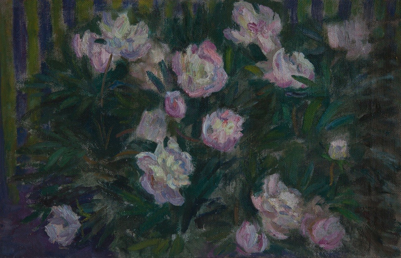 Пионы утром (Михайловское). Холст, масло. 50х80