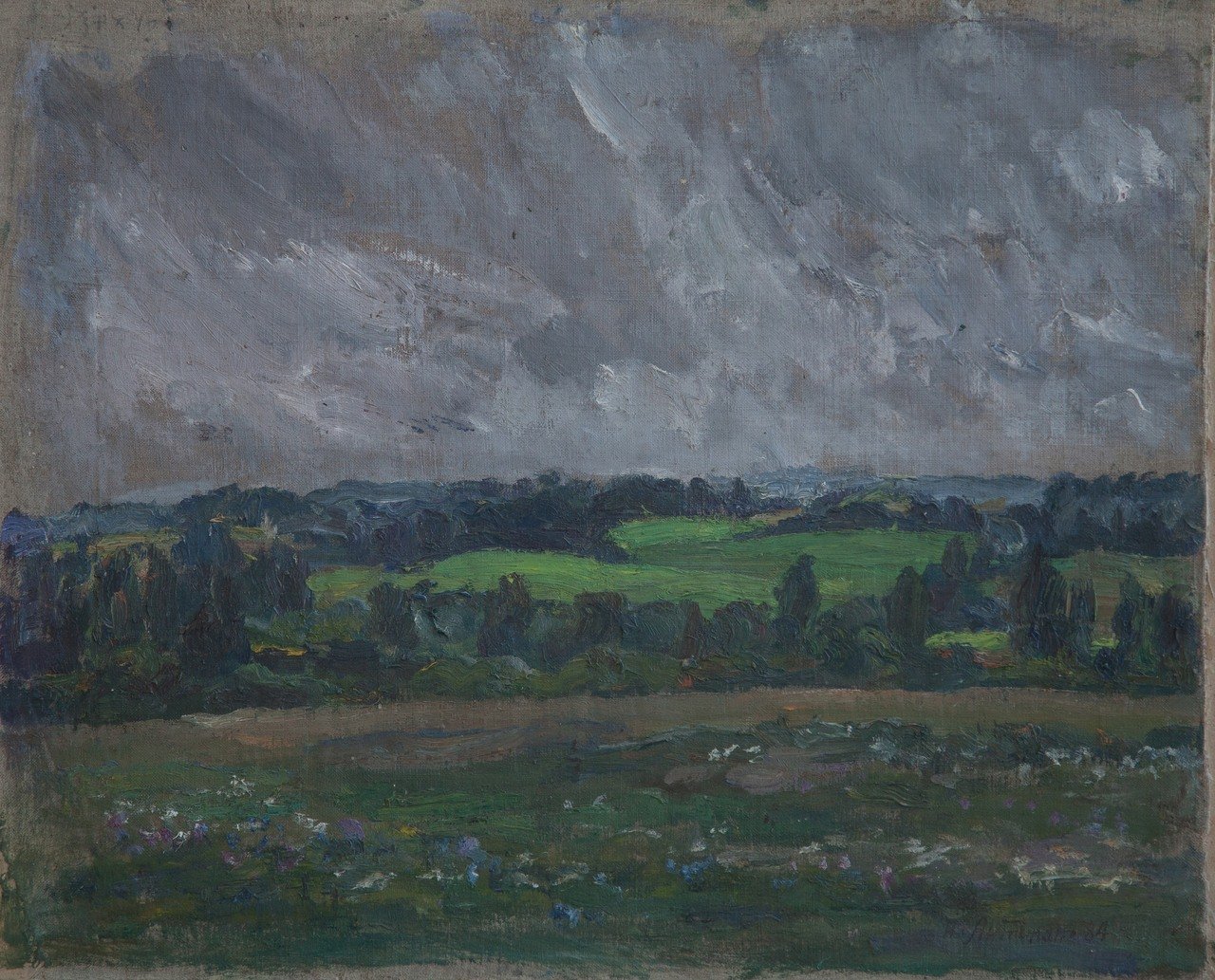 В дождь (Михайловское). 1984г. Фанера, масло. 40х50
