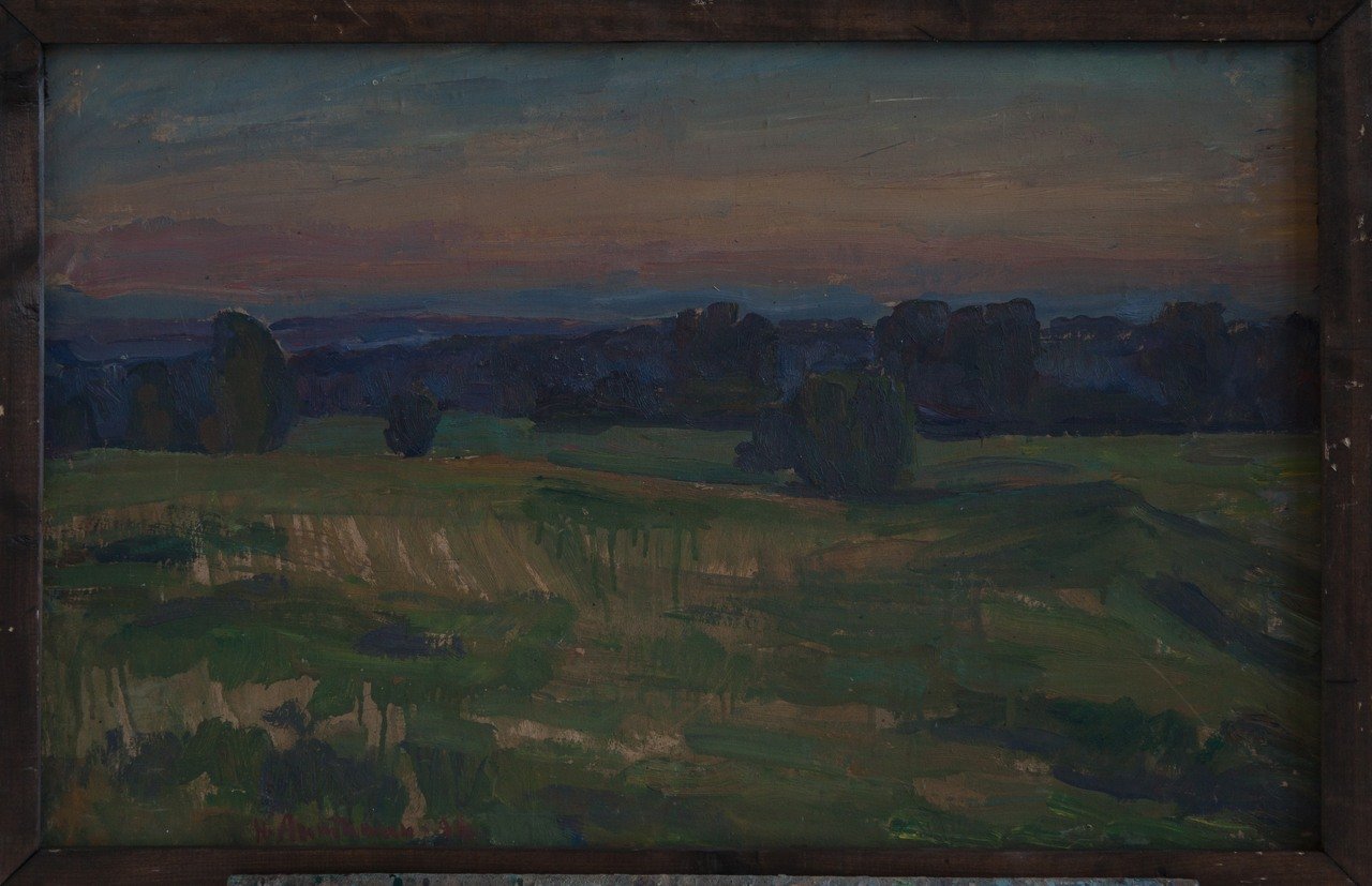 Рассвет (Михайловское). 1996г. Фанера, масло. 50х78,5