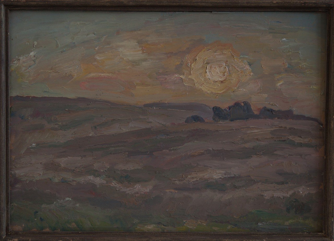 Восход солнца.Роса. Рожь. Фанера, масло. 42х59,5