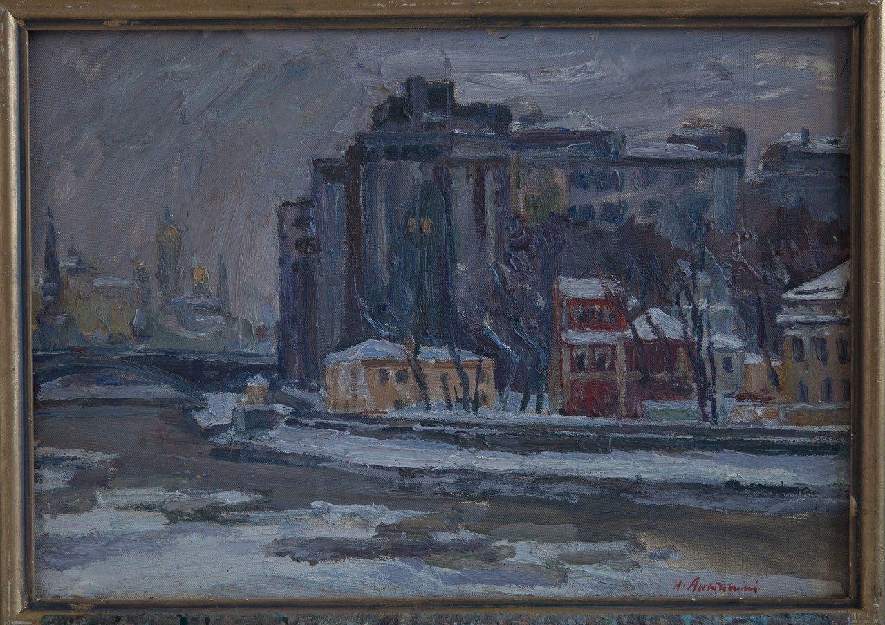 Дом на набережной. 1989г. Фанера, масло. 42х60