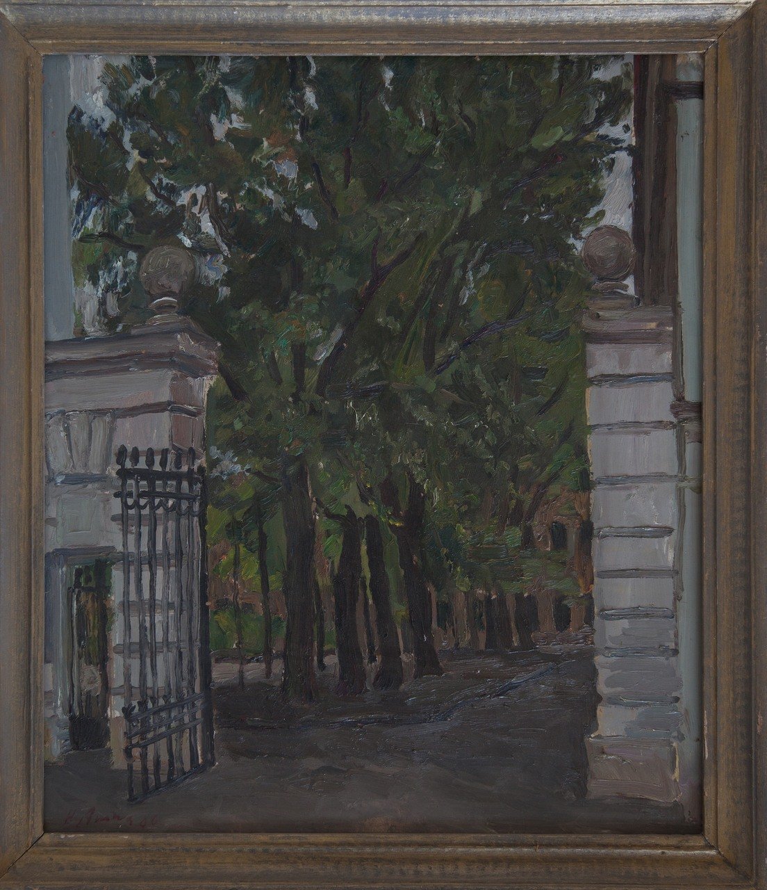 Летний сад.Дом на набережной л-та Шмидта. 1986г. Фанера, масло. 65х55