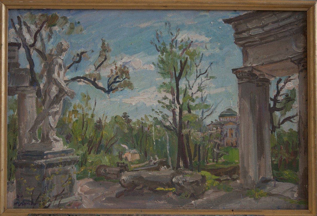 Колоннада Аполлона. 1986г. Фанера, масло. 50,3х75,3