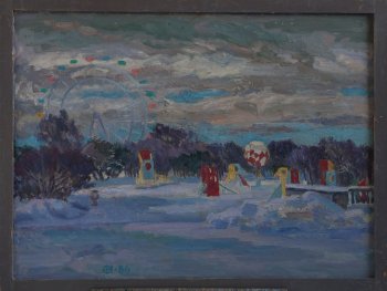 Зима в ЦПКиО им.Горького. 1986г. Фанера, масло. 79,5х108