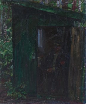 Человек в будке.Сторож В.Н. Алексеев в Михайловском. 1988г. Холст, масло. 83х69