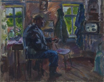 Михайловское.Валентин Николаевич Алексеев дома. 1993г. Холст, масло. 56х70