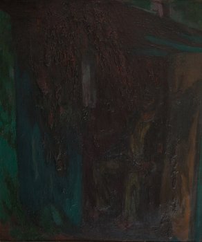 Михайловское.Сторож В.Н. Алексеев (человек в будке). 1978-1989г. Холст, масло. 170х150