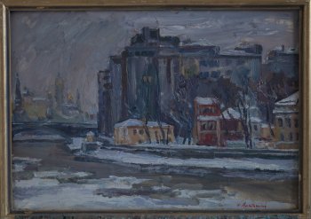 Дом на набережной. 1989г. Фанера, масло. 42х60