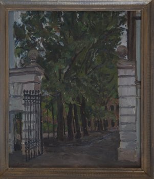 Летний сад.Дом на набережной л-та Шмидта. 1986г. Фанера, масло. 65х55