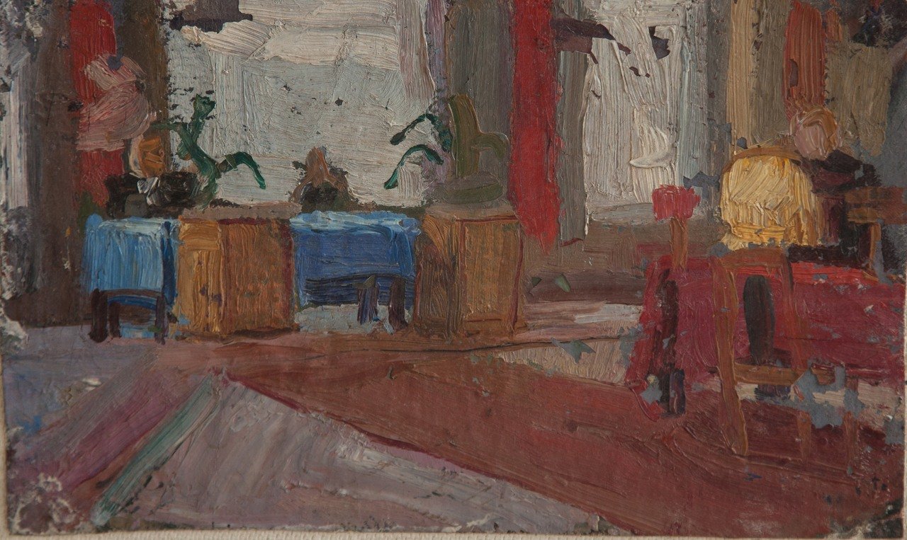 Избирательный участок. 1948г. Картон, масло. 17х28