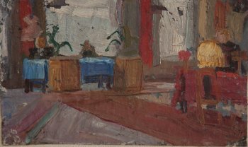 Избирательный участок. 1948г. Картон, масло. 17х28